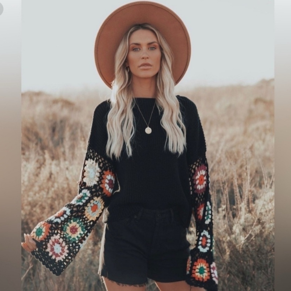 Vici Black Knit Sweater with Crochet Sleeves